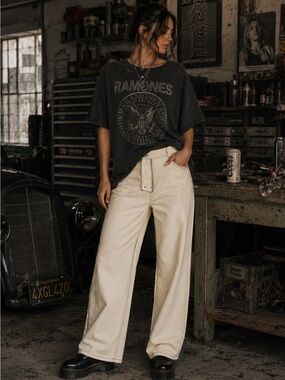 PRETTY GARBAGE Reversed Detail Cotton Pants Wide Leg Stone Cream M NWT